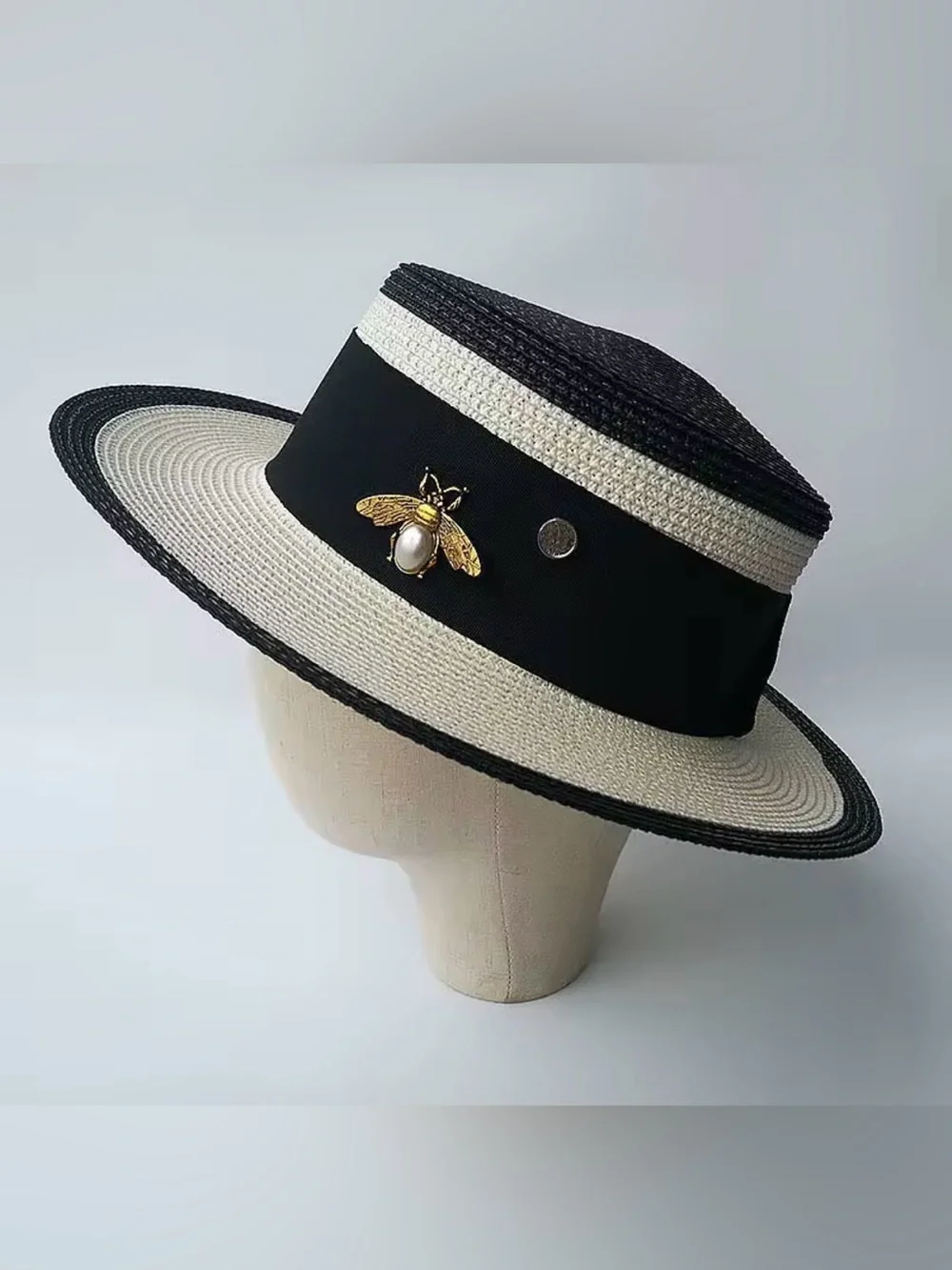 Two-Tone Black & Cream Women's Wide Brim Straw Hat with Bee Accent